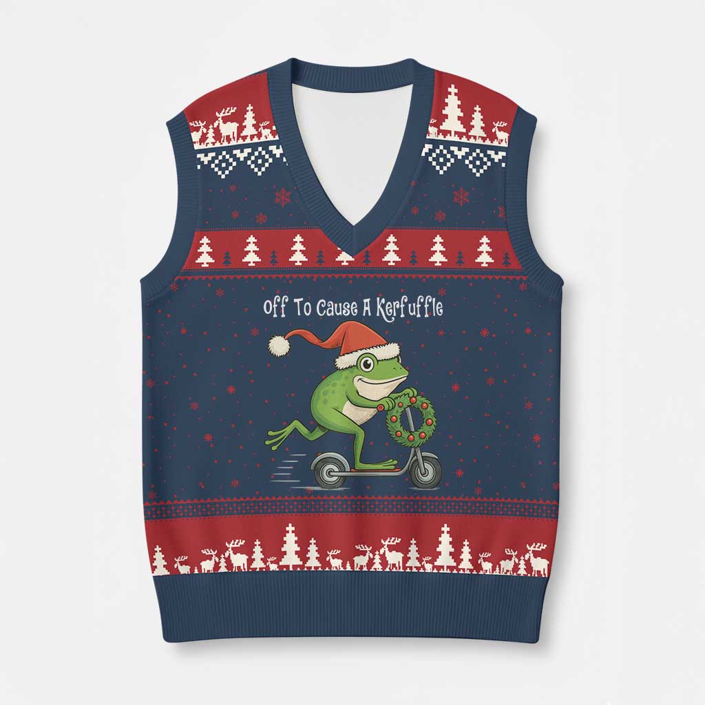 Off To Cause A Kerfuffle V-Neck Knit Sweater Vest Funny Frog Xmas - Wonder Print Shop