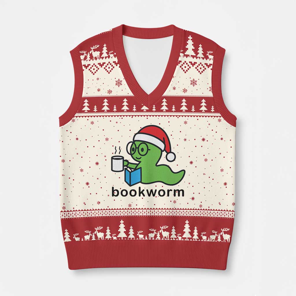 Bookworm Xmas V-Neck Knit Sweater Vest Reading Book Lover - Wonder Print Shop