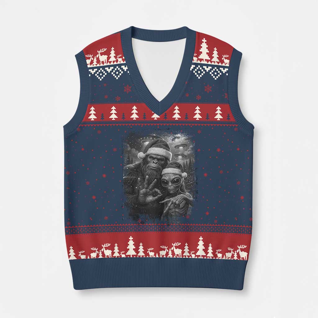 67 Six Seven Bigfoot Xmas V-Neck Knit Sweater Vest Sasquatch Ailen Selfie UFO Meme - Wonder Print Shop