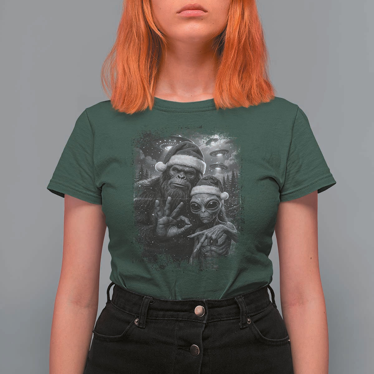 67 Six Seven Bigfoot Christmas T Shirt For Women Sasquatch Ailen Selfie UFO Meme - Wonder Print Shop