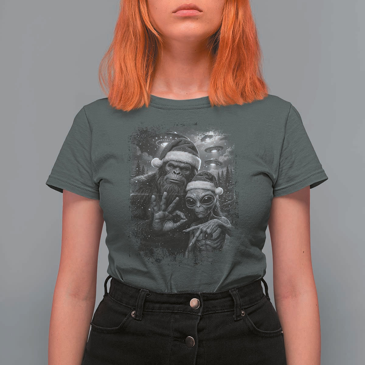 67 Six Seven Bigfoot Christmas T Shirt For Women Sasquatch Ailen Selfie UFO Meme - Wonder Print Shop