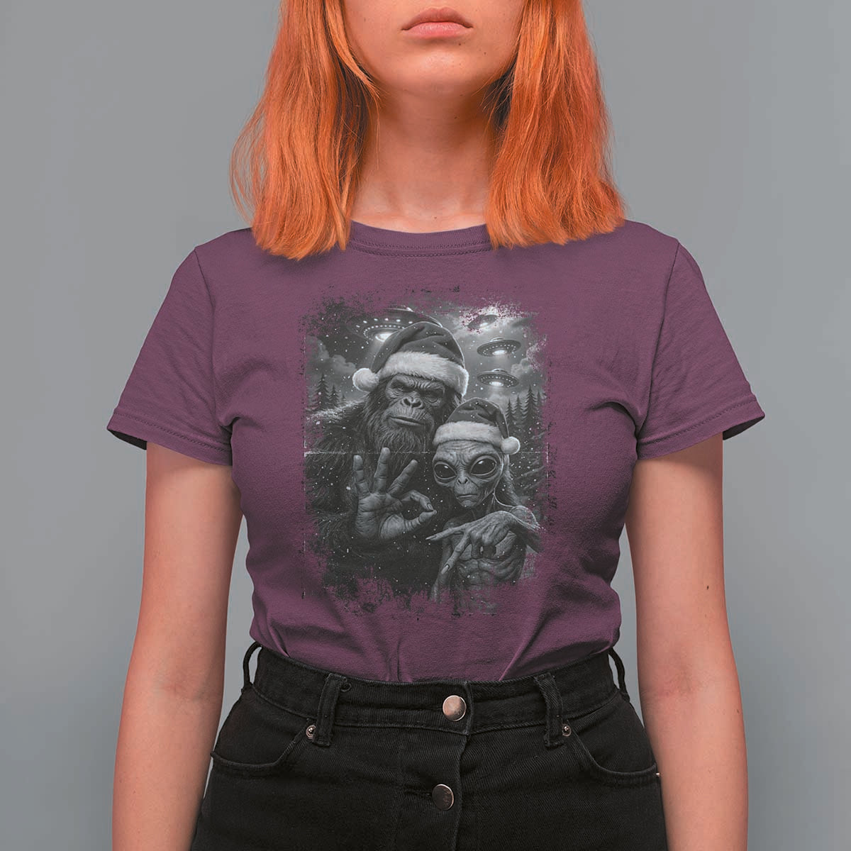 67 Six Seven Bigfoot Christmas T Shirt For Women Sasquatch Ailen Selfie UFO Meme - Wonder Print Shop