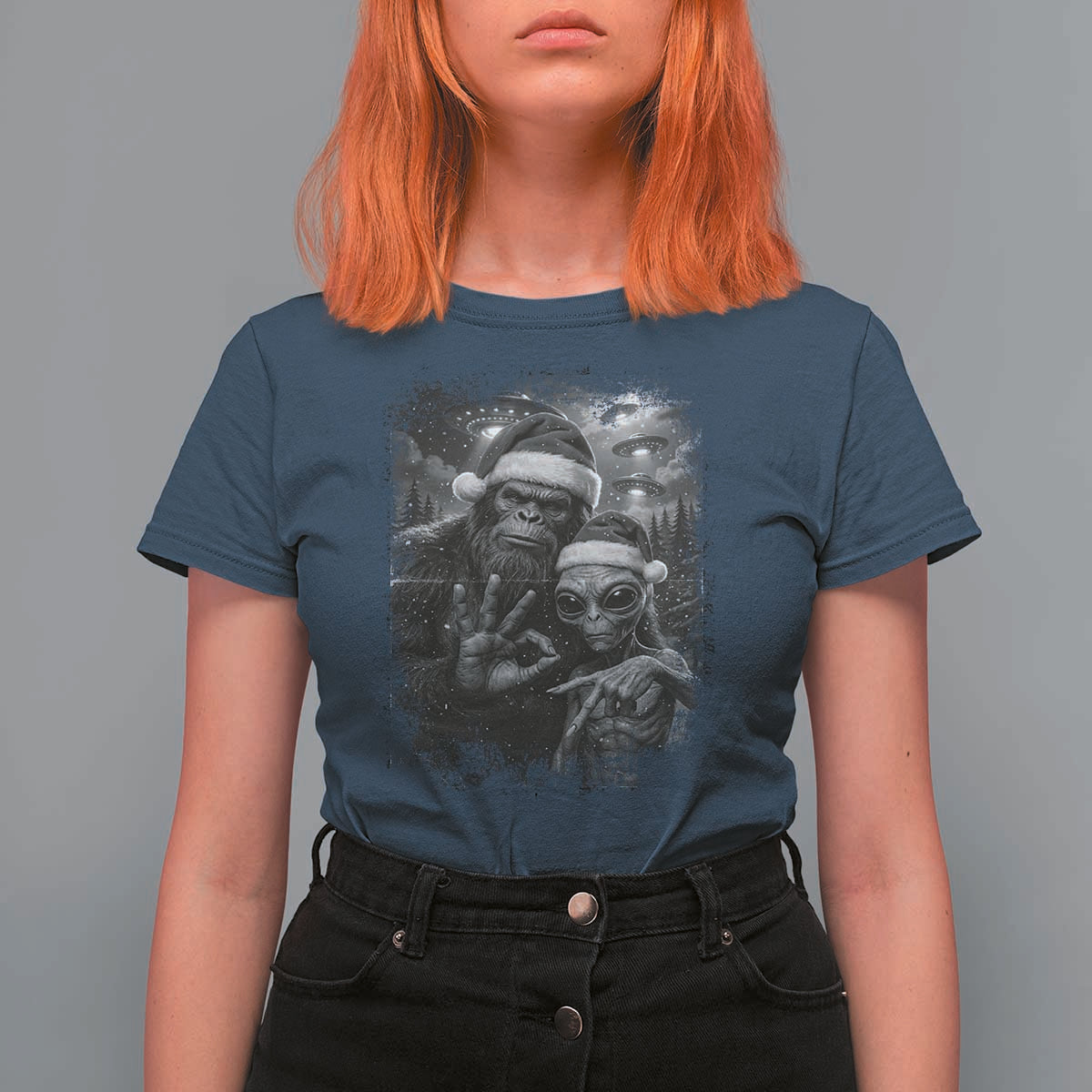 67 Six Seven Bigfoot Christmas T Shirt For Women Sasquatch Ailen Selfie UFO Meme - Wonder Print Shop