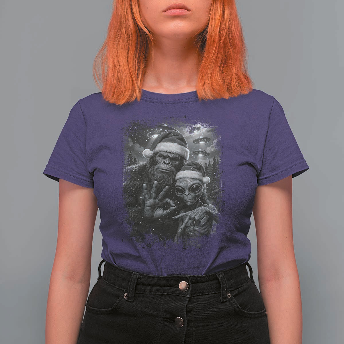 67 Six Seven Bigfoot Christmas T Shirt For Women Sasquatch Ailen Selfie UFO Meme - Wonder Print Shop