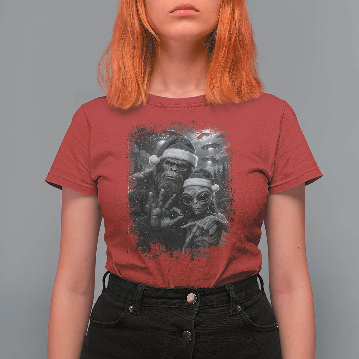 67 Six Seven Bigfoot Christmas T Shirt For Women Sasquatch Ailen Selfie UFO Meme - Wonder Print Shop
