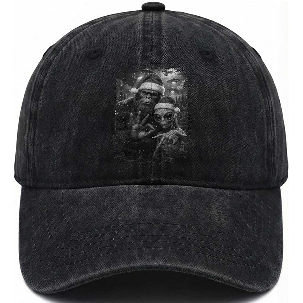67 Six Seven Bigfoot Christmas Washed Cotton Baseball Cap Sasquatch Ailen Selfie UFO Meme