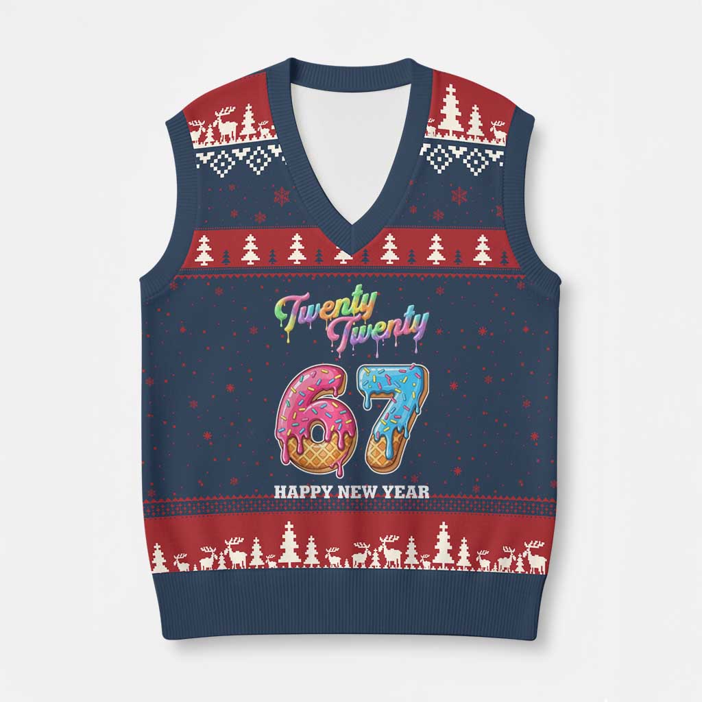 67 Six Seven Meme V-Neck Knit Sweater Vest New Year 2026 Ice Cream Drip - Wonder Print Shop
