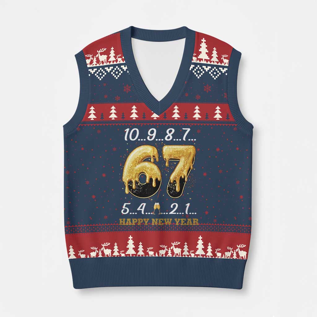 67 Six Seven Meme V-Neck Knit Sweater Vest Happy New Year 2026 - Wonder Print Shop