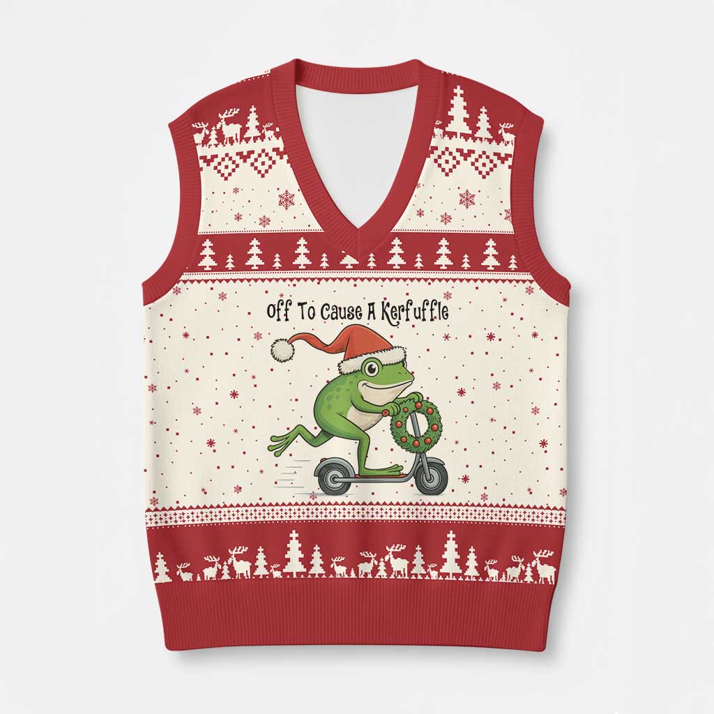 Off To Cause A Kerfuffle V-Neck Knit Sweater Vest Funny Frog Xmas Meme Weirdcore - Wonder Print Shop