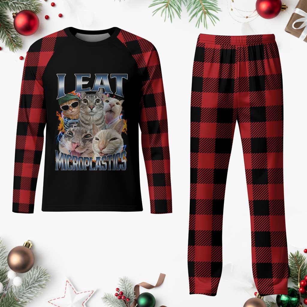 Funny Cat Meme Plaid Pajama Set I Eat Microplastics - Wonder Print Shop