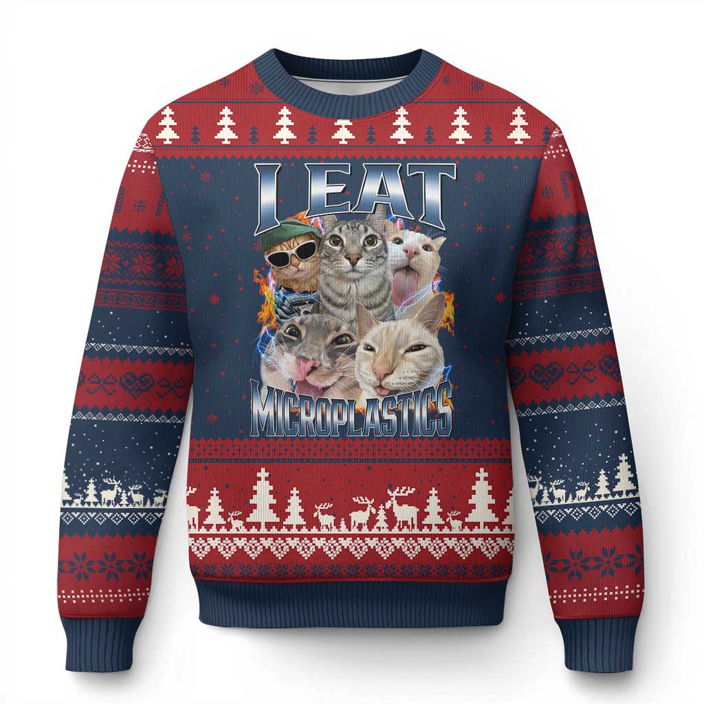 Funny Cat Meme Ugly Christmas Sweater I Eat Microplastics - Wonder Print Shop