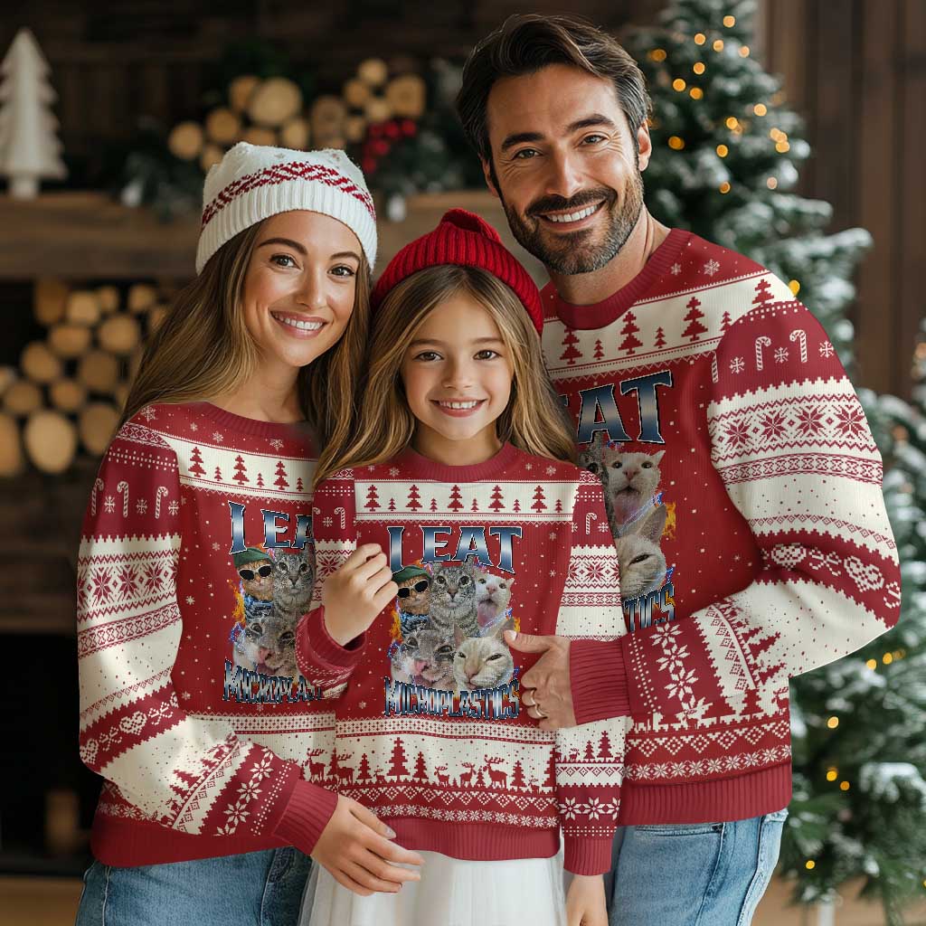 Funny Cat Meme Ugly Christmas Sweater I Eat Microplastics - Wonder Print Shop