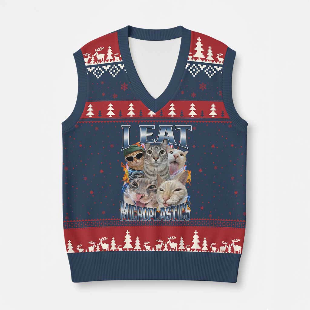 Funny Cat Meme V-Neck Knit Sweater Vest I Eat Microplastics - Wonder Print Shop