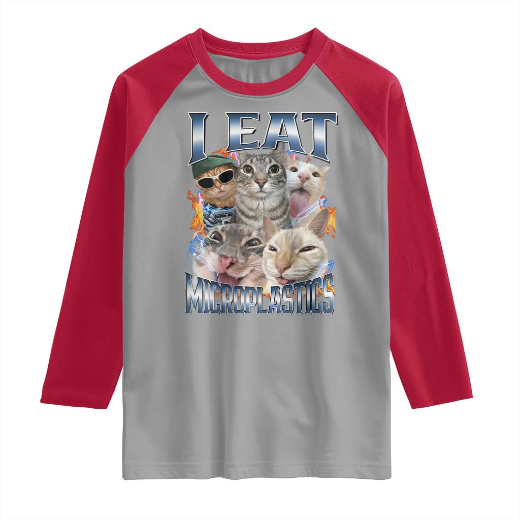 Funny Cat Meme Raglan Shirt I Eat Microplastics - Wonder Print Shop