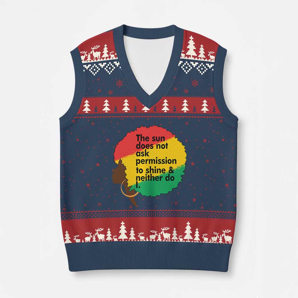 Black Woman Empowerment V-Neck Knit Sweater Vest The Sun Does Not Ask Permission To Shine - Wonder Print Shop