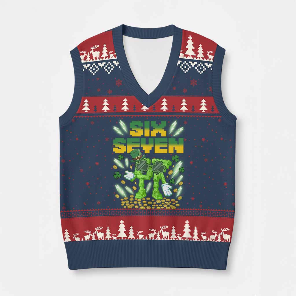 67 Italian Brainrot St Patricks Day V-Neck Knit Sweater Vest Funny Six Seven Leprechaun Playing Baseball Meme