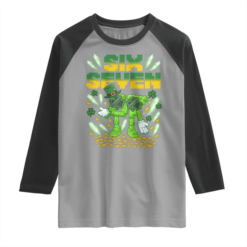 67 Italian Brainrot St Patricks Day Raglan Shirt Funny Six Seven Leprechaun Playing Baseball Meme