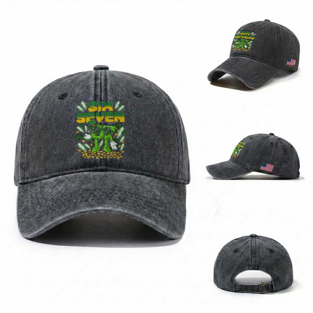 67 Italian Brainrot St Patricks Day Washed Cotton Baseball Cap Funny Six Seven Leprechaun Playing Baseball Meme