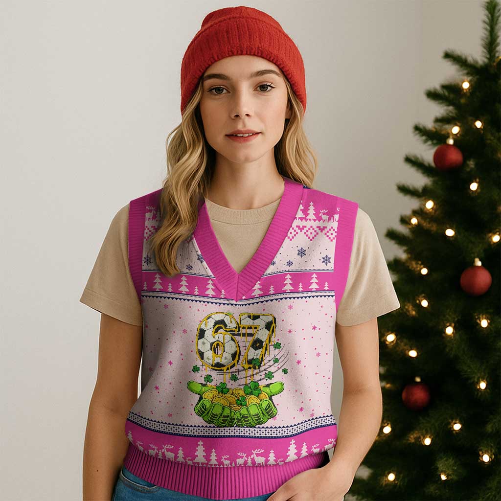 67 Soccer St Patricks Day V-Neck Knit Sweater Vest Funny Six Seven Gen Alpha Meme Drip