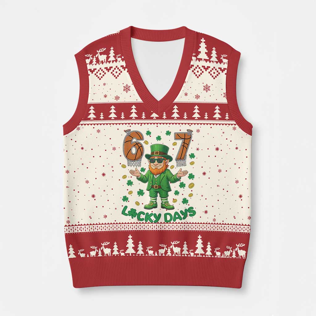 67 Basketball St Patricks Day V-Neck Knit Sweater Vest Funny Six Seven Leprechaun Meme