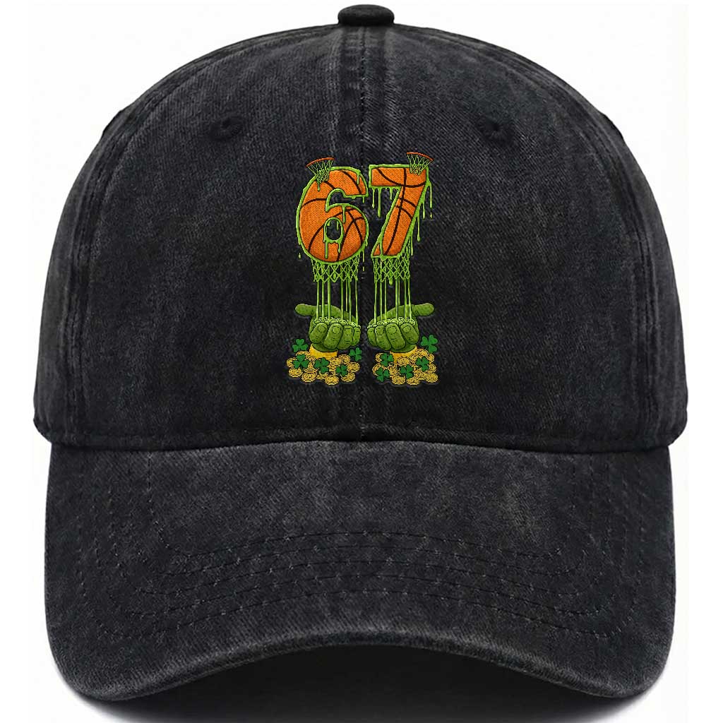 67 Basketball St Patricks Day Washed Cotton Baseball Cap Funny Six Seven Gen Alpha Meme Drip