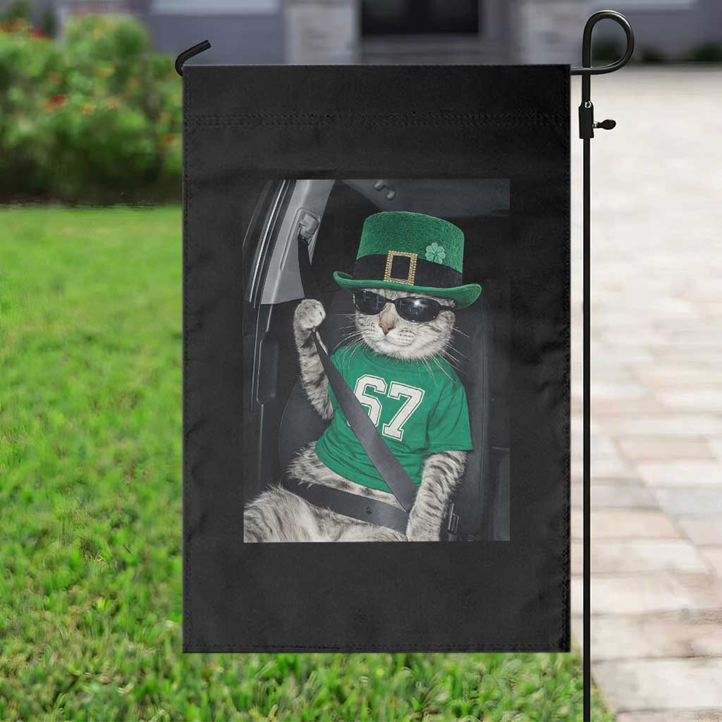 67 Cat St Patricks Day Garden Flag Funny Cat Driver Leprechaun Meme