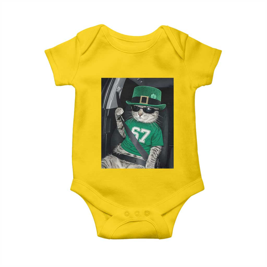 67 Cat St Patricks Day Baby Onesie Funny Cat Driver Leprechaun Meme