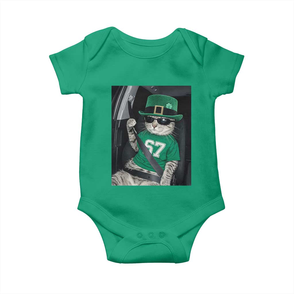 67 Cat St Patricks Day Baby Onesie Funny Cat Driver Leprechaun Meme