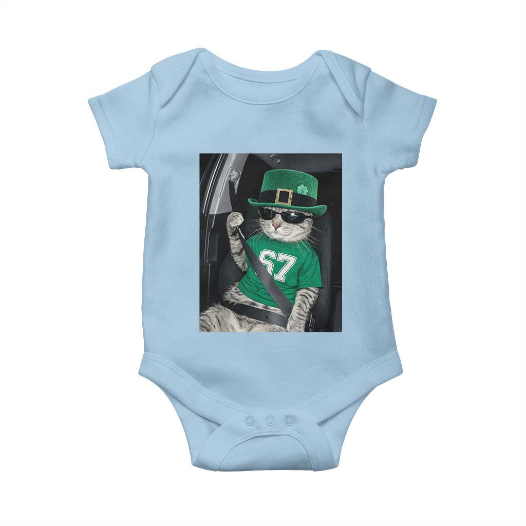 67 Cat St Patricks Day Baby Onesie Funny Cat Driver Leprechaun Meme