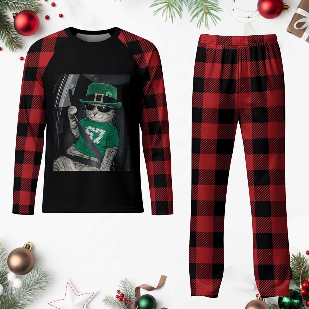 67 Cat St Patricks Day Plaid Pajama Set Funny Cat Driver Leprechaun Meme