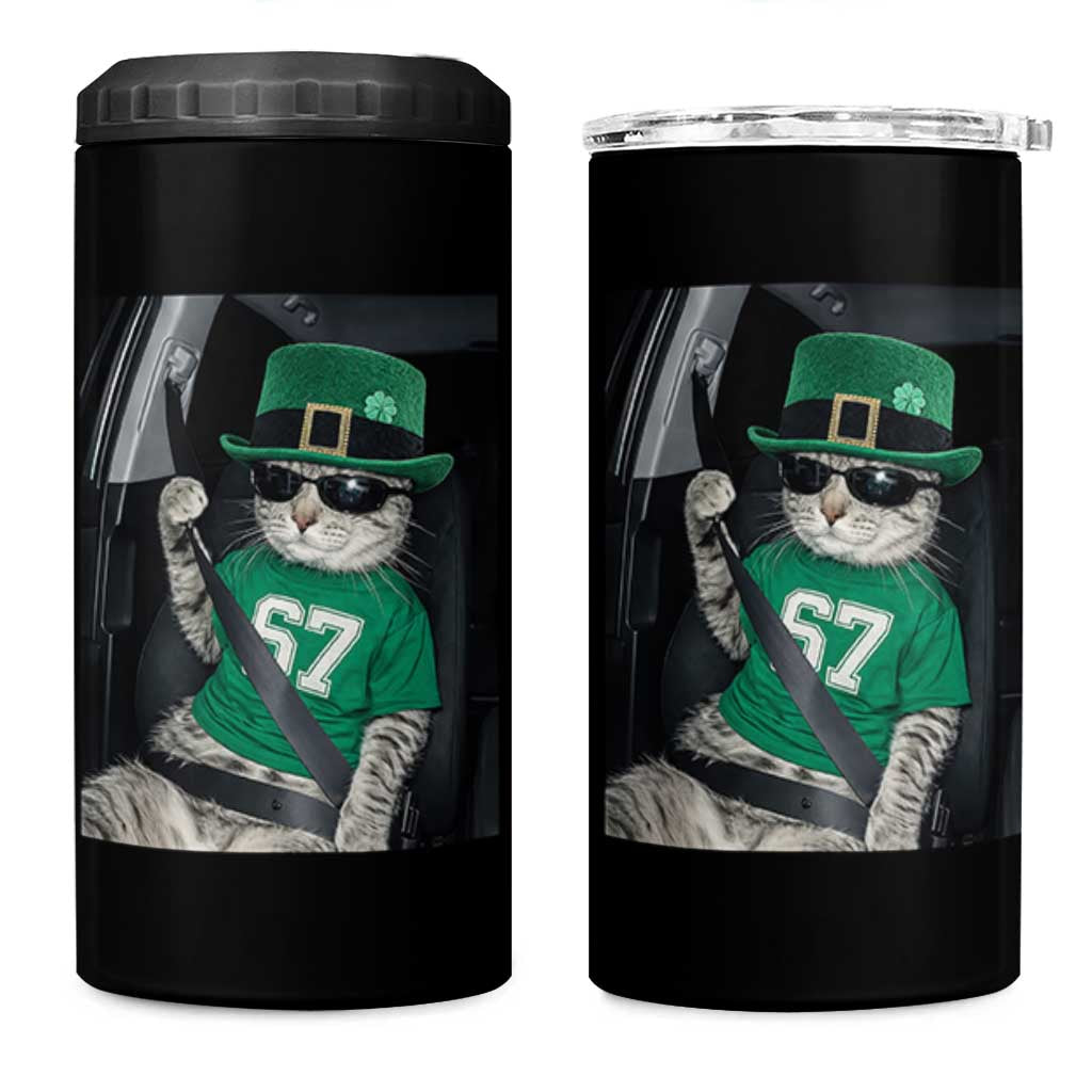 67 Cat St Patricks Day 4 in 1 Can Cooler Tumbler Funny Cat Driver Leprechaun Meme