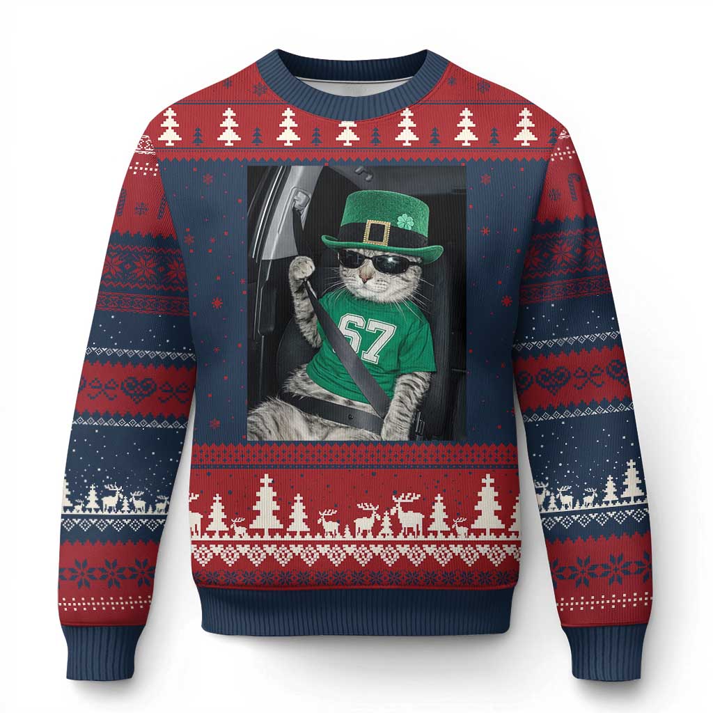 67 Cat St Patricks Day Ugly Christmas Sweater Funny Cat Driver Leprechaun Meme