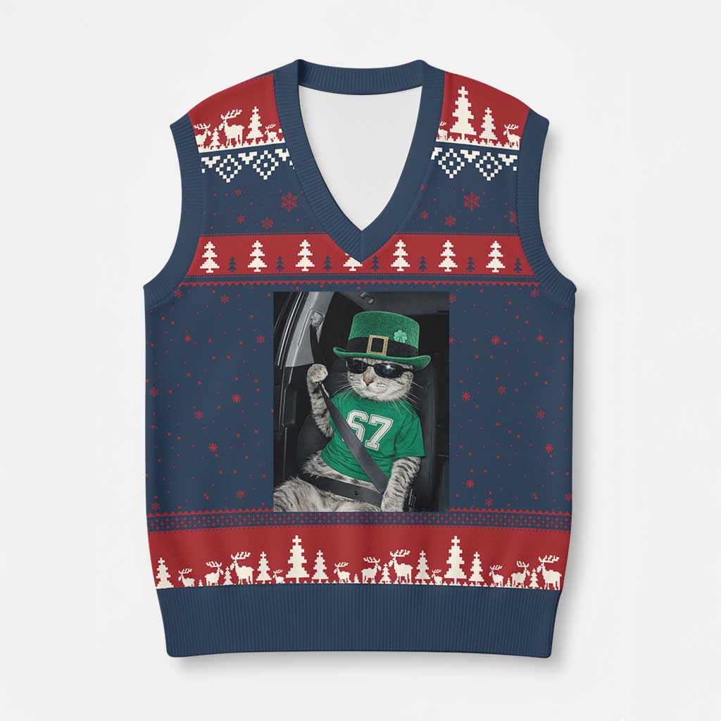 67 Cat St Patricks Day V-Neck Knit Sweater Vest Funny Cat Driver Leprechaun Meme