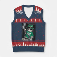 67 Cat St Patricks Day V-Neck Knit Sweater Vest Funny Cat Driver Leprechaun Meme