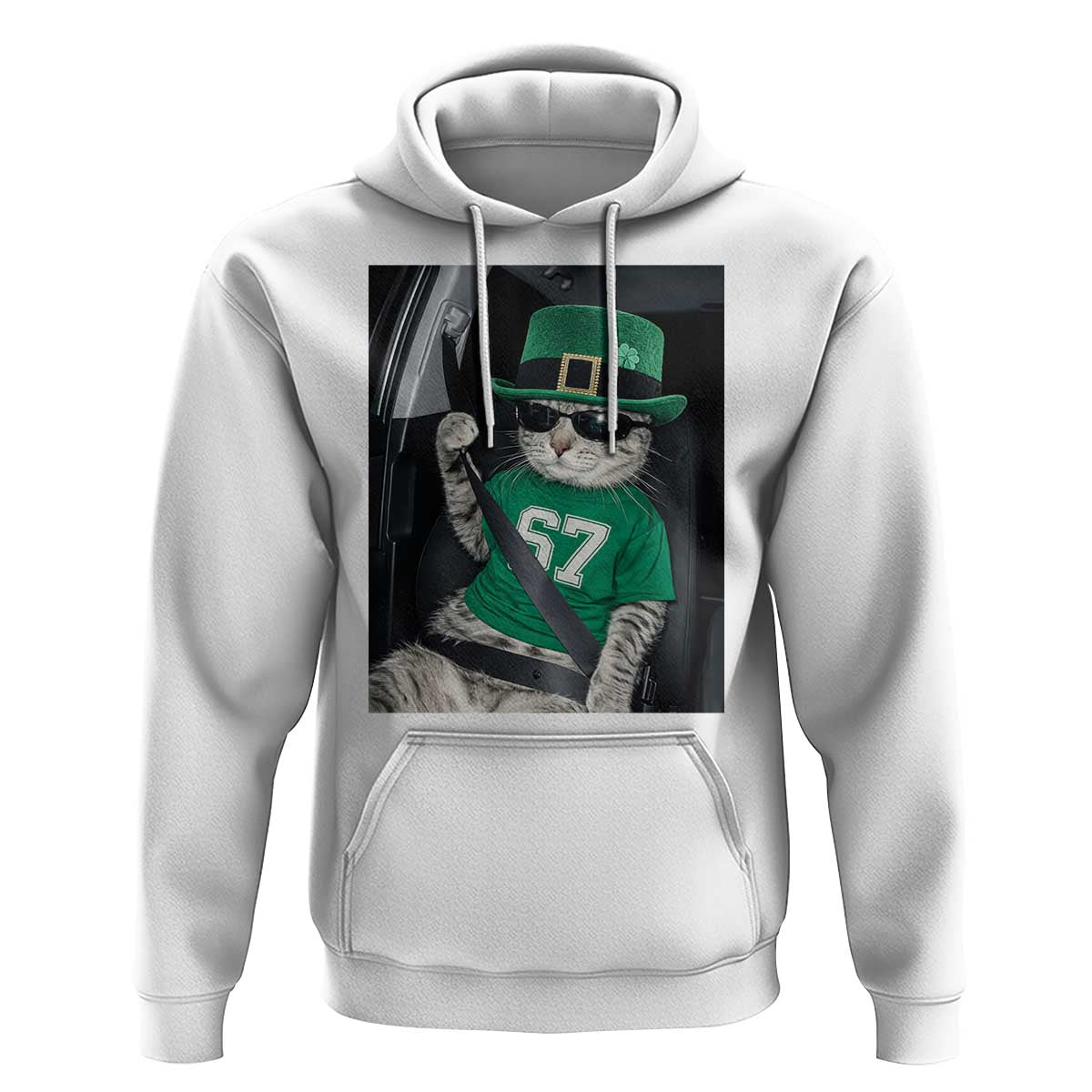 67 Cat St Patricks Day Hoodie Funny Cat Driver Leprechaun Meme