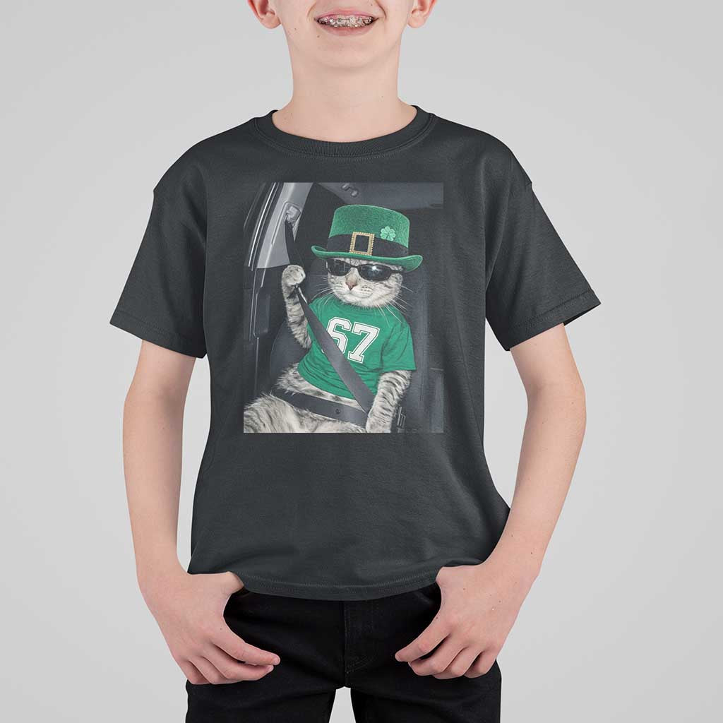 67 Cat St Patricks Day T Shirt For Kid Funny Cat Driver Leprechaun Meme