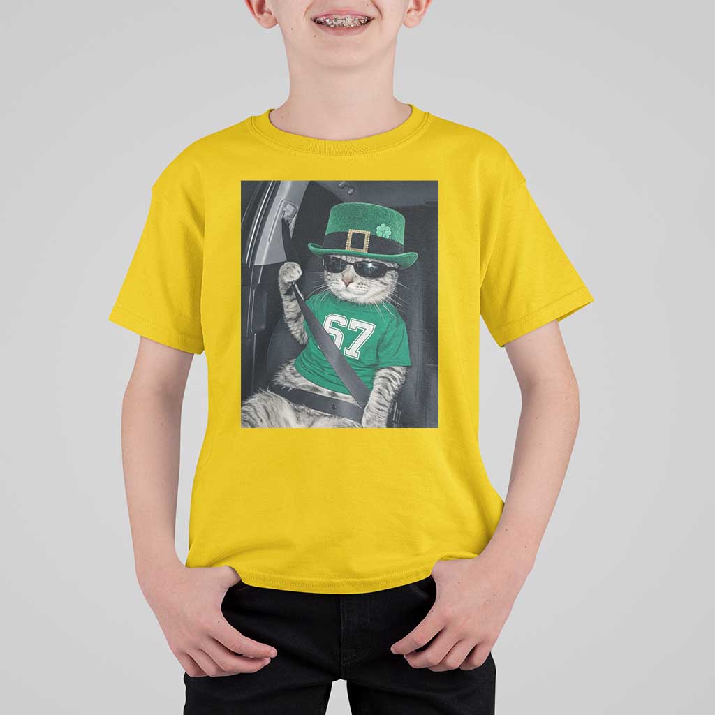 67 Cat St Patricks Day T Shirt For Kid Funny Cat Driver Leprechaun Meme