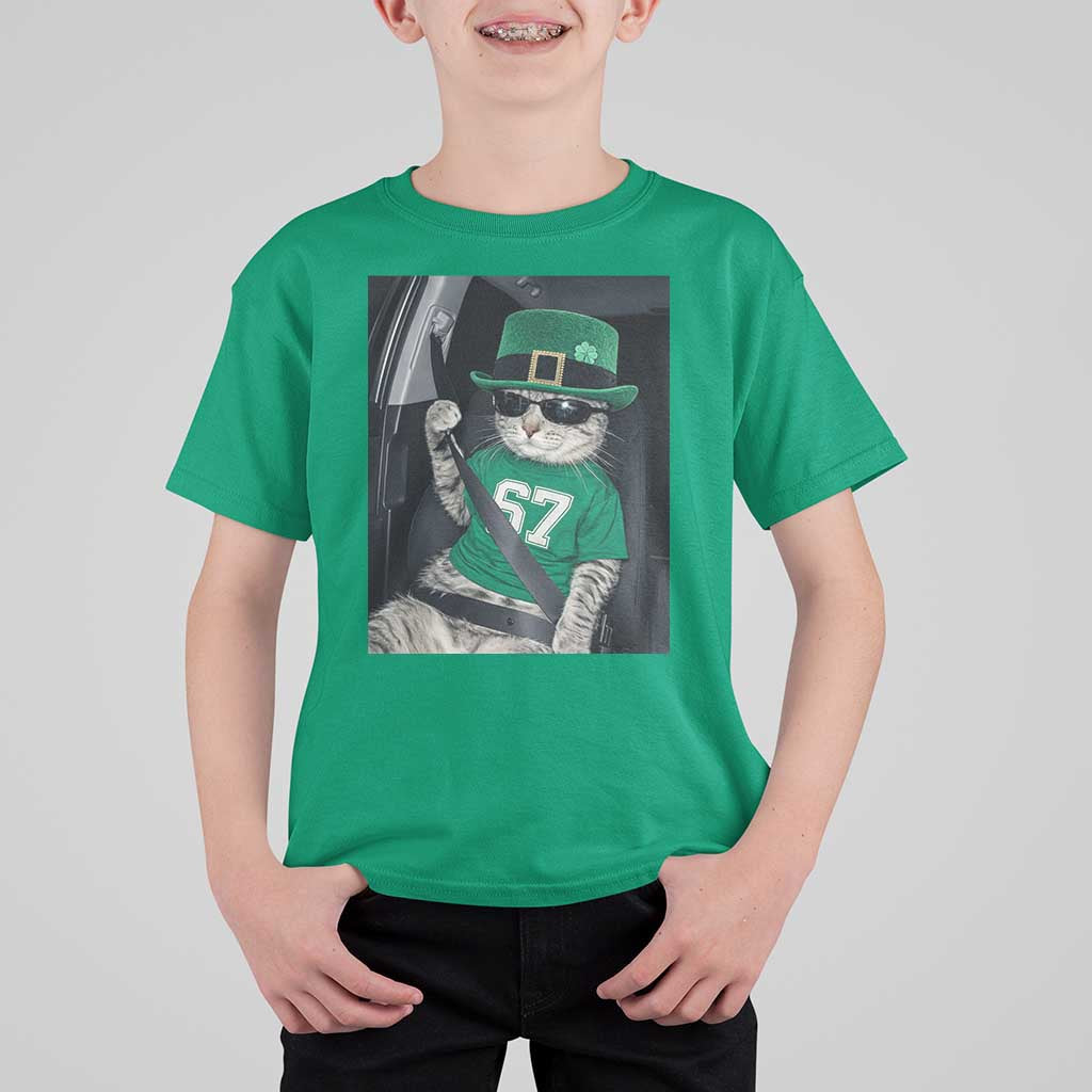 67 Cat St Patricks Day T Shirt For Kid Funny Cat Driver Leprechaun Meme