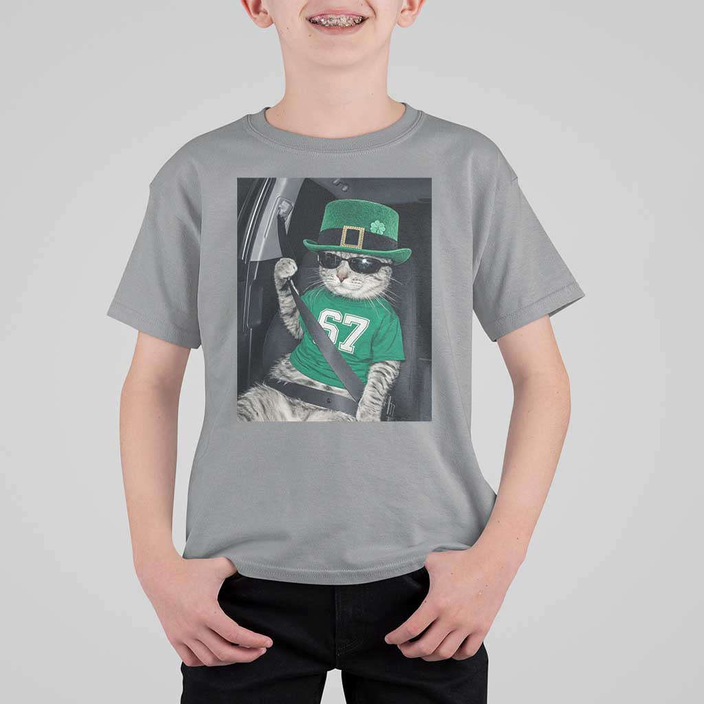 67 Cat St Patricks Day T Shirt For Kid Funny Cat Driver Leprechaun Meme