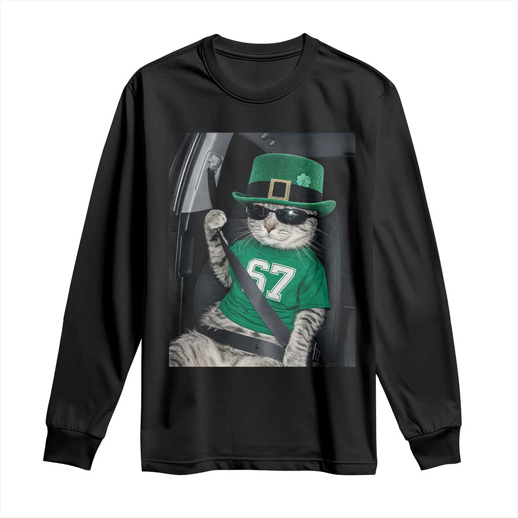 67 Cat St Patricks Day Long Sleeve Shirt Funny Cat Driver Leprechaun Meme