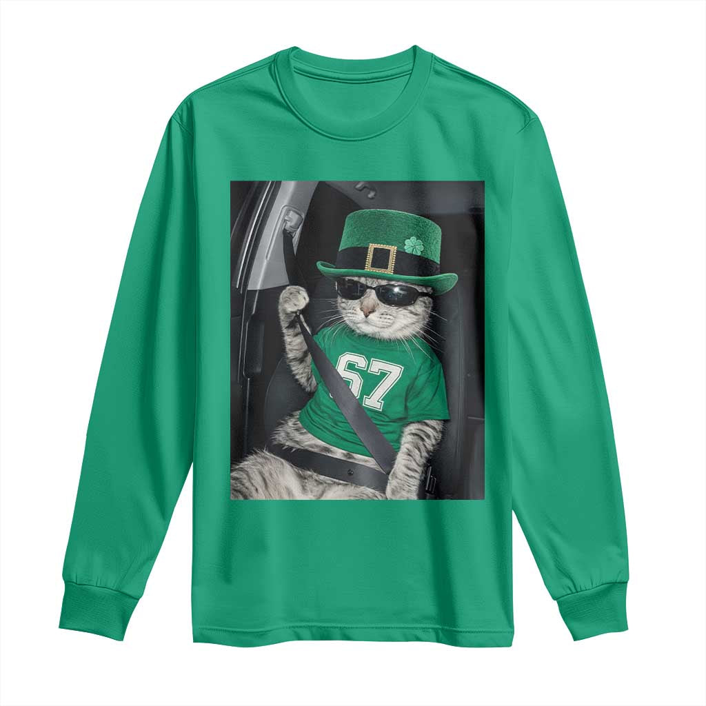 67 Cat St Patricks Day Long Sleeve Shirt Funny Cat Driver Leprechaun Meme