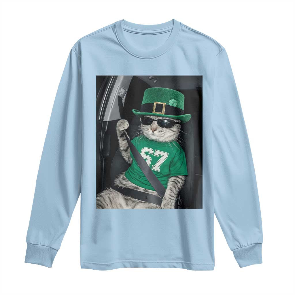 67 Cat St Patricks Day Long Sleeve Shirt Funny Cat Driver Leprechaun Meme