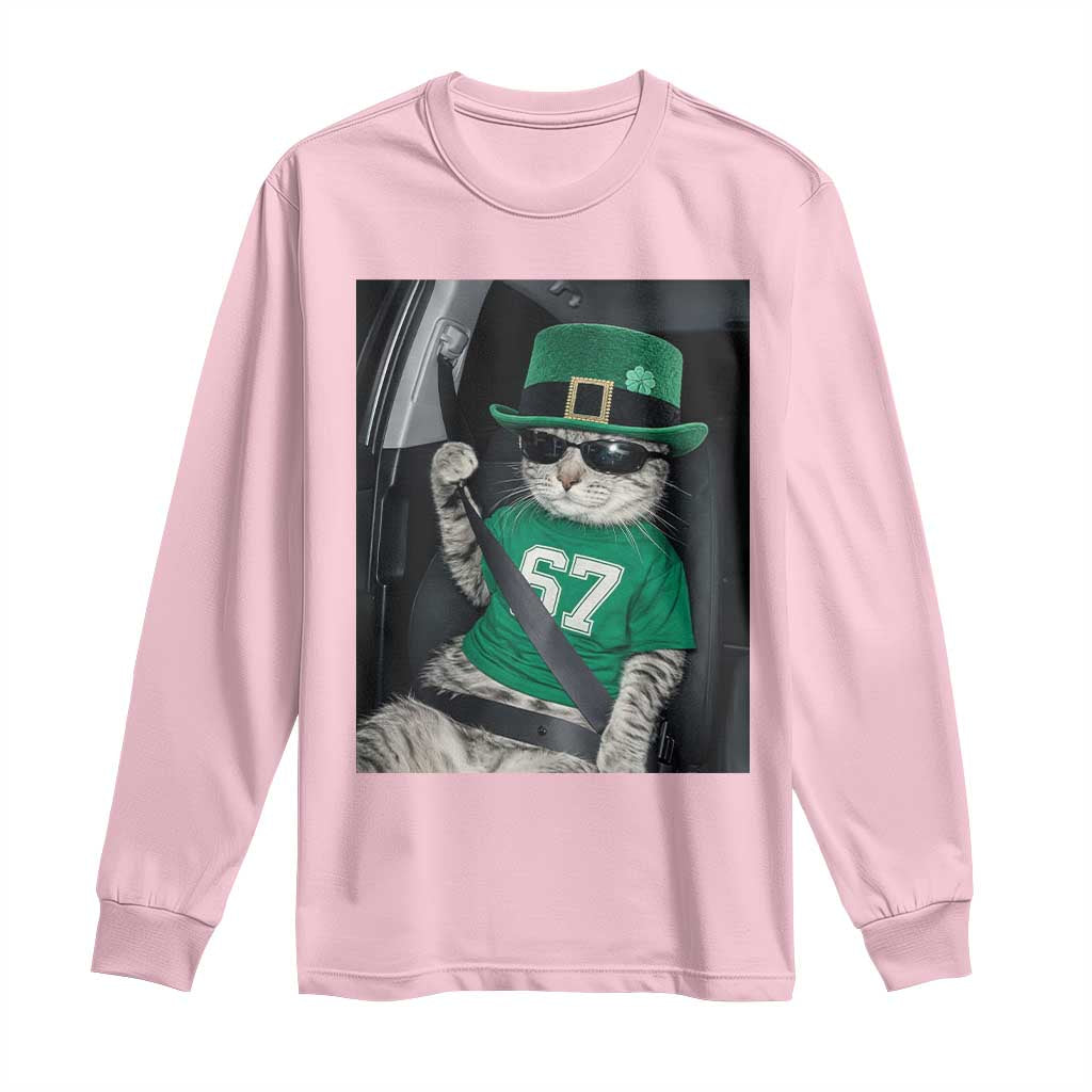 67 Cat St Patricks Day Long Sleeve Shirt Funny Cat Driver Leprechaun Meme