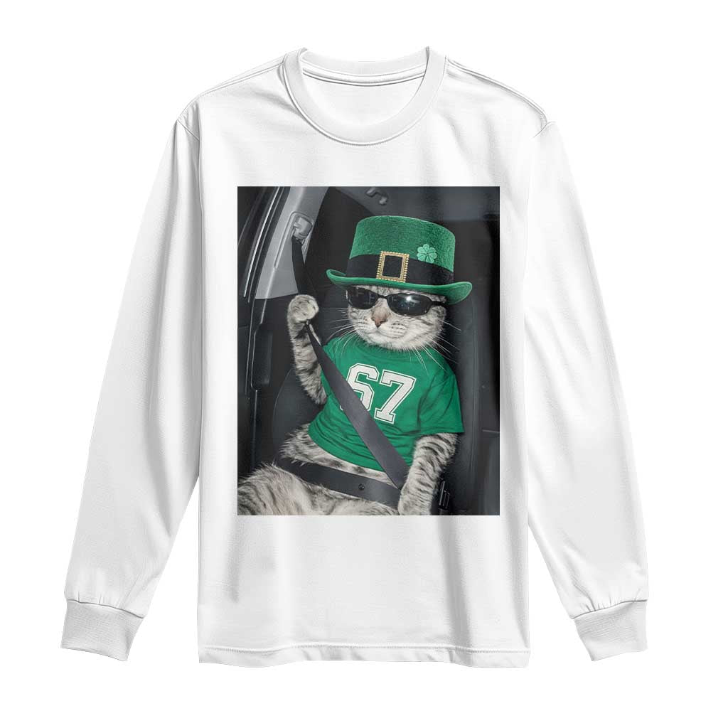 67 Cat St Patricks Day Long Sleeve Shirt Funny Cat Driver Leprechaun Meme