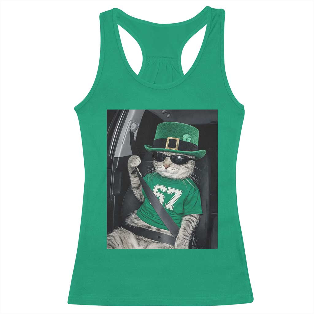 67 Cat St Patricks Day Racerback Tank Top Funny Cat Driver Leprechaun Meme