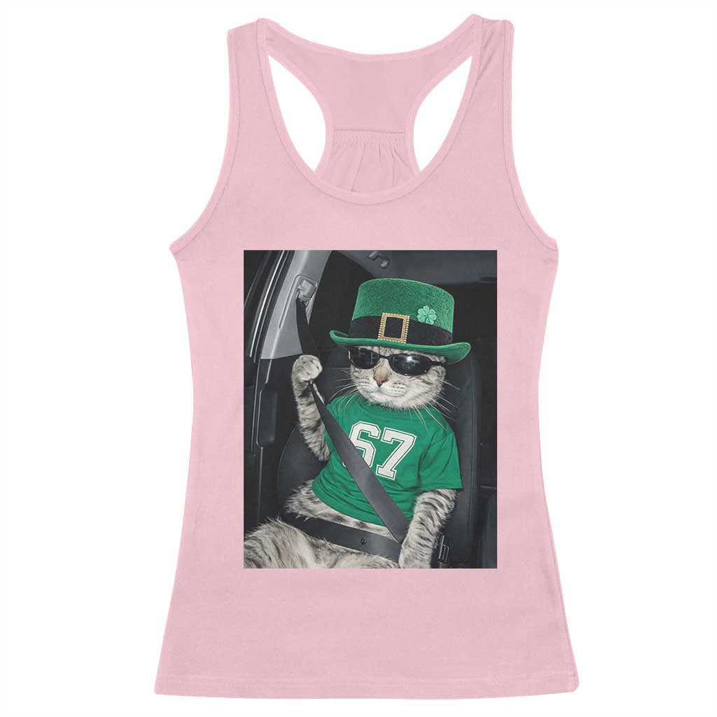 67 Cat St Patricks Day Racerback Tank Top Funny Cat Driver Leprechaun Meme