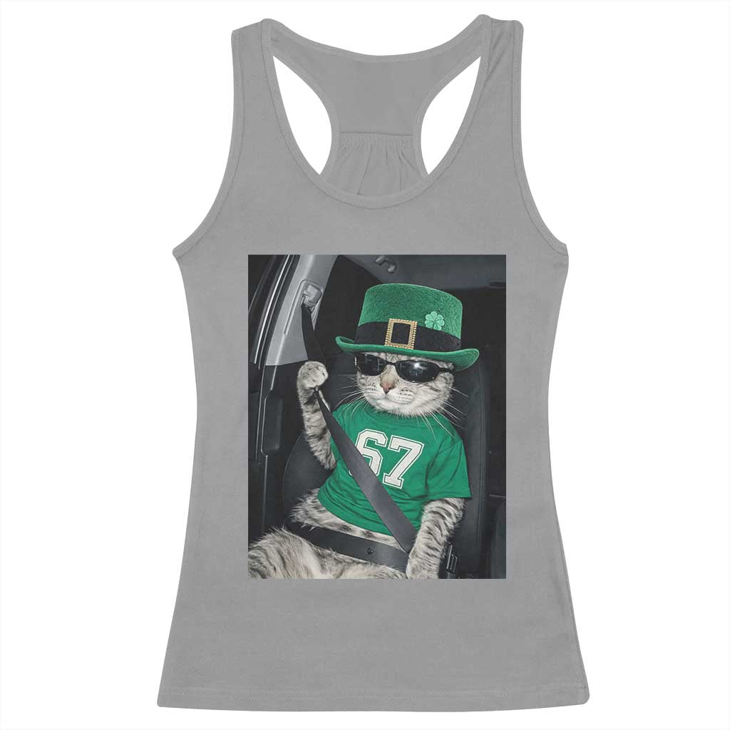 67 Cat St Patricks Day Racerback Tank Top Funny Cat Driver Leprechaun Meme