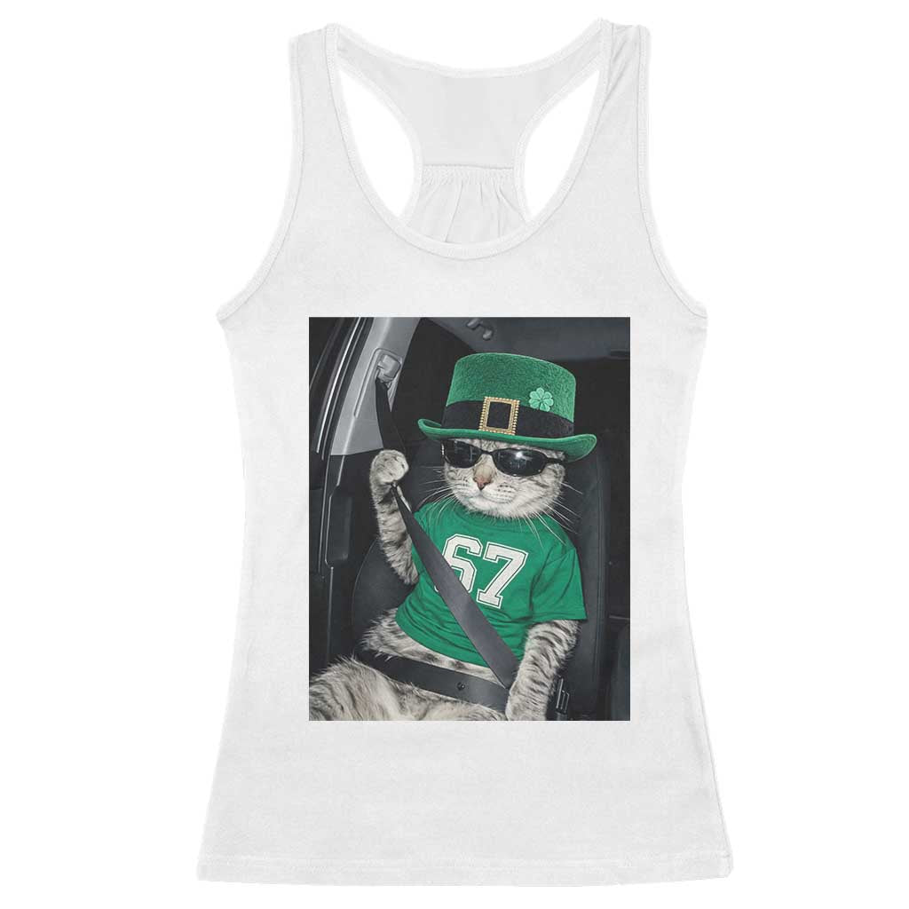 67 Cat St Patricks Day Racerback Tank Top Funny Cat Driver Leprechaun Meme