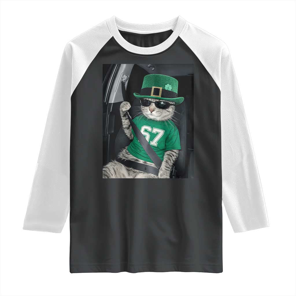 67 Cat St Patricks Day Raglan Shirt Funny Cat Driver Leprechaun Meme
