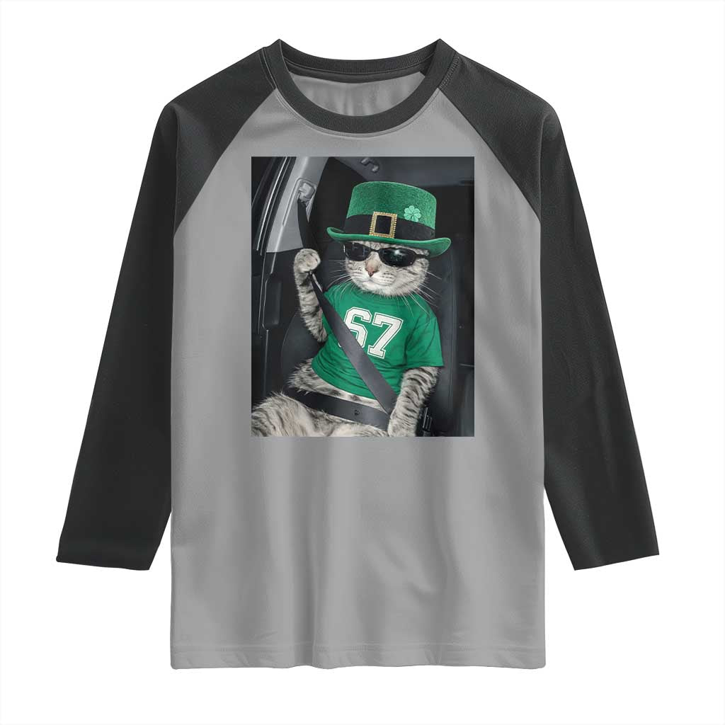 67 Cat St Patricks Day Raglan Shirt Funny Cat Driver Leprechaun Meme